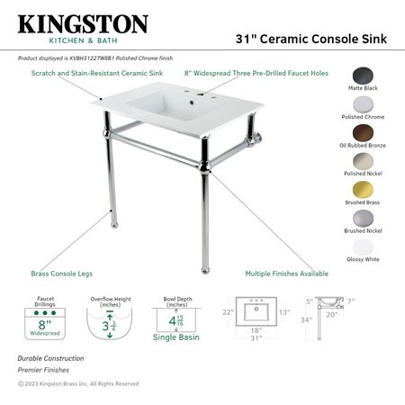 Kingston Brass 31 Console Sink with Brass Legs 8Inch, 3 Hole, WhiteBrushed Nickel KVBH31227W8B8